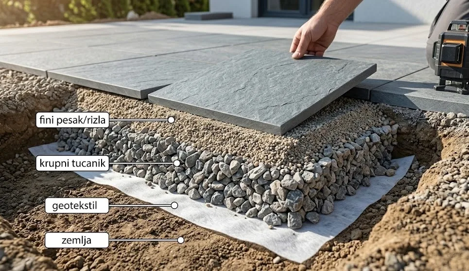 Šematski prikaz ugradnje 2cm ploča na slojeve šljunka i peska